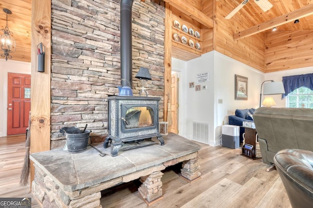 311 Lonesome Pine Trl, Blairsville, GA 30512 - living room with wooden ceiling with exposed beams, high vaulted ceiling, wood finished floors, a wood stove, and baseboards