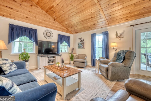 311 Lonesome Pine Trl, Blairsville, GA 30512 - living area featuring wood ceiling, vaulted ceiling, baseboards, and light wood-style floors