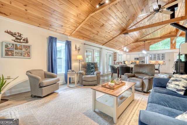 311 Lonesome Pine Trl, Blairsville, GA 30512 - living room featuring light wood finished floors, wooden ceiling with exposed beams, baseboards, high vaulted ceiling, and ceiling fan