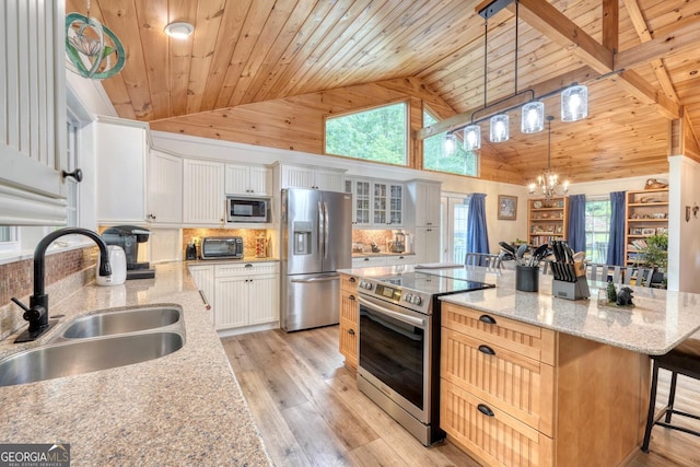 311 Lonesome Pine Trl, Blairsville, GA 30512 - kitchen featuring stainless steel appliances, a sink, a chandelier, wood ceiling, and a kitchen breakfast bar