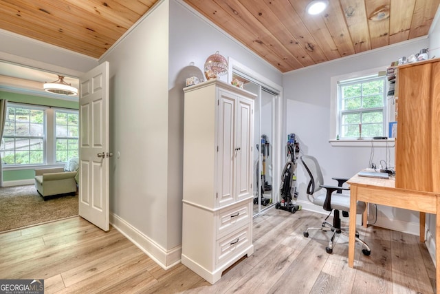 311 Lonesome Pine Trl, Blairsville, GA 30512 - office with ornamental molding, baseboards, light wood-style flooring, wooden ceiling, and recessed lighting