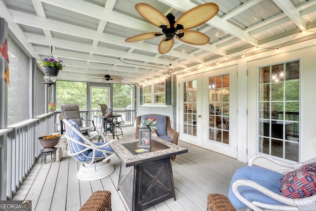 311 Lonesome Pine Trl, Blairsville, GA 30512 - sunroom / solarium featuring french doors, a ceiling fan, beamed ceiling, and outdoor dining area