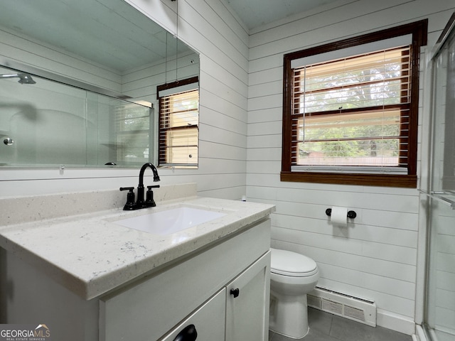 4 Walton Way NW, Rome, GA 30165 - bathroom with vanity, toilet, healthy amount of natural light, an enclosed shower, and wood walls