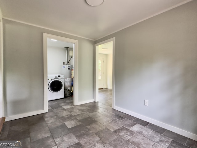 4 Walton Way NW, Rome, GA 30165 - laundry area featuring washer / clothes dryer, gas water heater, baseboards, and dark stone finish flooring