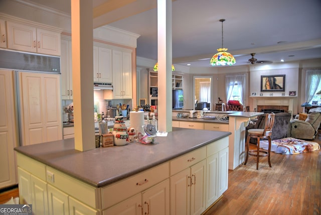 12001 Layfield Rd, Upatoi, GA 31829 - kitchen featuring ornamental molding, ceiling fan, open floor plan, a center island, and dark countertops
