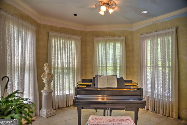 12001 Layfield Rd, Upatoi, GA 31829 - sitting room featuring a ceiling fan, light tile patterned floors, healthy amount of natural light, and crown molding