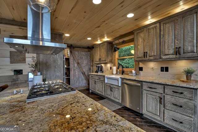 190 Toccoa Heights Rd, Blue Ridge, GA 30513 - kitchen with dishwasher, island range hood, gas stovetop, dark wood-type flooring, and recessed lighting