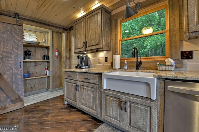 190 Toccoa Heights Rd, Blue Ridge, GA 30513 - kitchen with a sink, dishwasher, dark wood finished floors, and light stone countertops