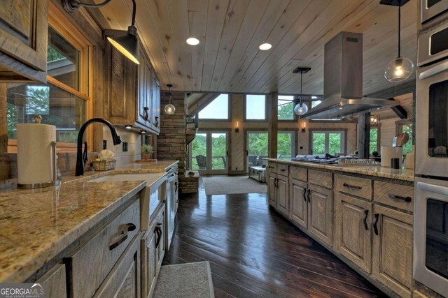 190 Toccoa Heights Rd, Blue Ridge, GA 30513 - kitchen with island range hood, wooden ceiling, open floor plan, recessed lighting, and dark wood-style flooring