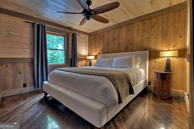 190 Toccoa Heights Rd, Blue Ridge, GA 30513 - bedroom featuring wooden walls, wooden ceiling, dark wood-style flooring, and a ceiling fan