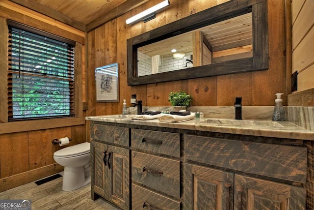 190 Toccoa Heights Rd, Blue Ridge, GA 30513 - bathroom featuring wood walls, toilet, vanity, wood finished floors, and wood ceiling