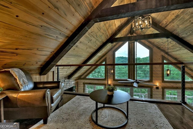 190 Toccoa Heights Rd, Blue Ridge, GA 30513 - living area with wood ceiling, wooden walls, healthy amount of natural light, and wood finished floors