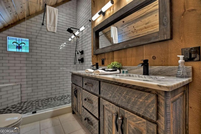 190 Toccoa Heights Rd, Blue Ridge, GA 30513 - bathroom featuring double vanity, toilet, a walk in shower, and lofted ceiling