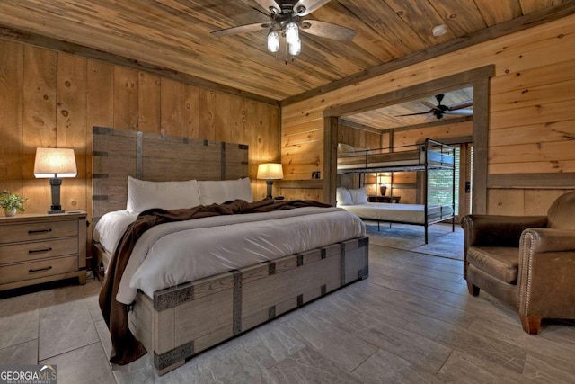 190 Toccoa Heights Rd, Blue Ridge, GA 30513 - bedroom featuring wood walls, wooden ceiling, access to exterior, and a ceiling fan