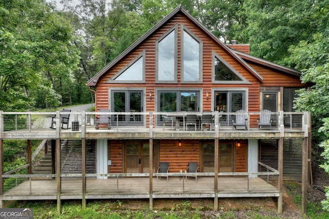 190 Toccoa Heights Rd, Blue Ridge, GA 30513 - rear view of house with faux log siding, a deck, and stairs