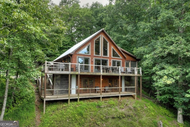 190 Toccoa Heights Rd, Blue Ridge, GA 30513 - back of house with a deck, french doors, log veneer siding, stairway, and a wooded view
