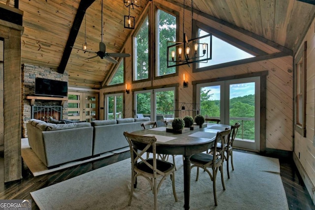 190 Toccoa Heights Rd, Blue Ridge, GA 30513 - dining space with wood ceiling with exposed beams, a chandelier, hardwood / wood-style floors, high vaulted ceiling, and wood walls