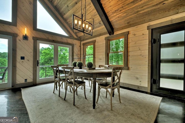 190 Toccoa Heights Rd, Blue Ridge, GA 30513 - dining area with wooden walls, a chandelier, dark wood finished floors, and wooden ceiling