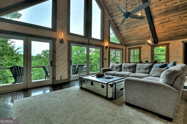 190 Toccoa Heights Rd, Blue Ridge, GA 30513 - living room with wooden walls, wooden ceiling with exposed beams, high vaulted ceiling, a ceiling fan, and wood finished floors