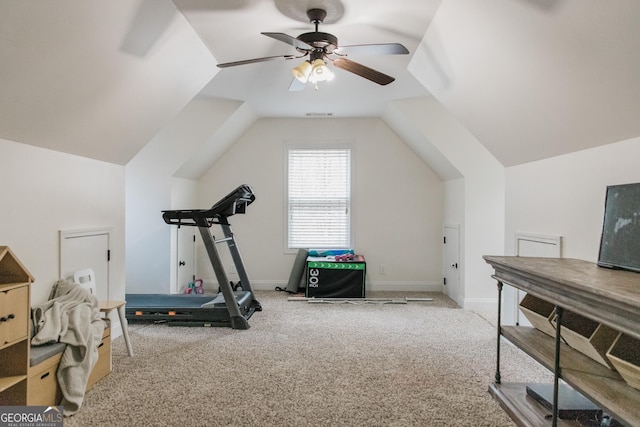1325 Adams Rd, Meansville, GA 30256 - exercise area featuring carpet, a ceiling fan, lofted ceiling, and baseboards