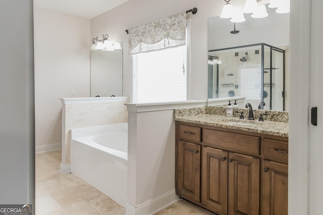 1325 Adams Rd, Meansville, GA 30256 - full bathroom featuring a stall shower, a bath, vanity, baseboards, and tile patterned floors