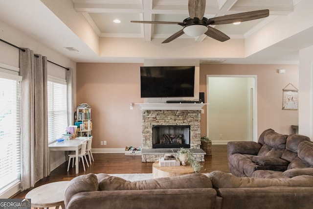 1325 Adams Rd, Meansville, GA 30256 - living area with coffered ceiling, a ceiling fan, dark wood-type flooring, beam ceiling, and crown molding