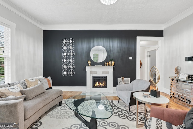 50 Ormond St SW, Atlanta, GA 30315 - living area featuring wood finished floors, a glass covered fireplace, ornamental molding, a textured ceiling, and baseboards