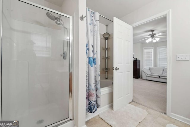 2545 Gatewater Ct, Cumming, GA 30040 - bathroom with ceiling fan, connected bathroom, tile patterned floors, and baseboards