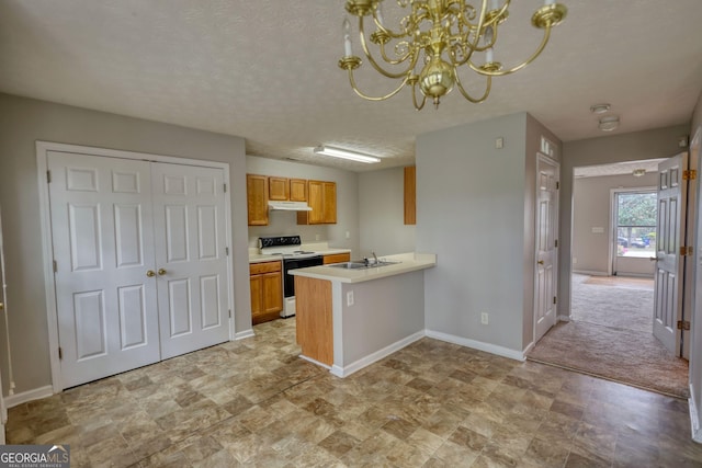 5587 Strathmoor Manor Cir, Lithonia, GA 30058 - kitchen featuring electric range, under cabinet range hood, a chandelier, light countertops, and a peninsula
