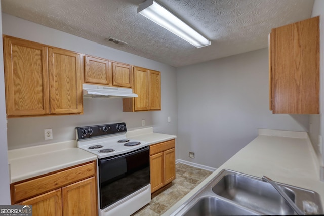 5587 Strathmoor Manor Cir, Lithonia, GA 30058 - kitchen featuring electric stove, under cabinet range hood, a textured ceiling, light countertops, and a sink