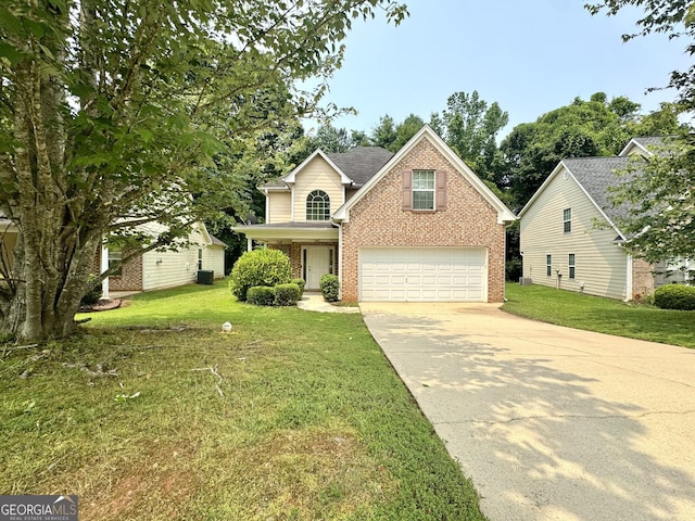105 Avonwood Cir, Locust Grove, GA 30248 - traditional home featuring brick siding, driveway, a garage, a front lawn, and central air condition unit
