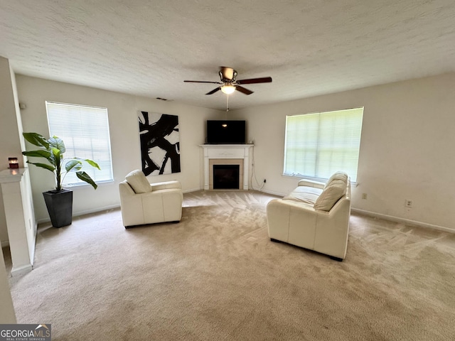 105 Avonwood Cir, Locust Grove, GA 30248 - living room featuring ceiling fan, a fireplace, carpet, baseboards, and a textured ceiling