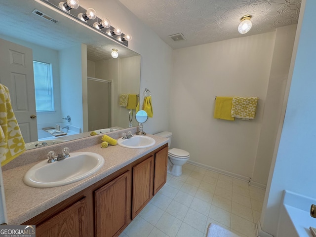 105 Avonwood Cir, Locust Grove, GA 30248 - full bathroom with a stall shower, a bath, double vanity, baseboards, and toilet