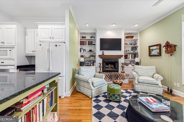 116 Maimont Cir, Macon, GA 31210 - living area featuring light wood-style floors, a fireplace, crown molding, recessed lighting, and built in shelves