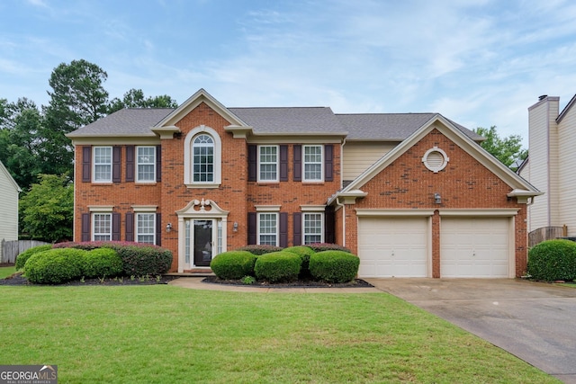 199 Eastham Ct, Suwanee, GA 30024 - colonial-style house with brick siding, a front yard, driveway, and an attached garage