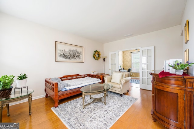 199 Eastham Ct, Suwanee, GA 30024 - living room featuring light wood-type flooring, french doors, and baseboards