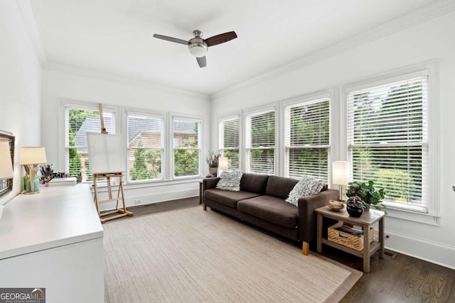 100 Pine Mist Cir, Alpharetta, GA 30022 - living room with ceiling fan, wood finished floors, crown molding, and baseboards