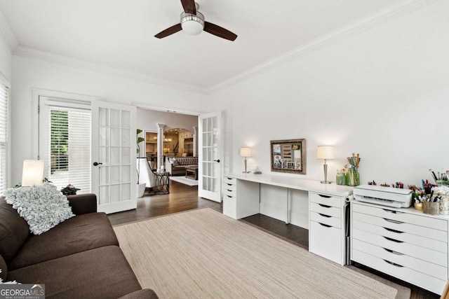 100 Pine Mist Cir, Alpharetta, GA 30022 - living area with french doors, crown molding, ceiling fan, and dark wood finished floors