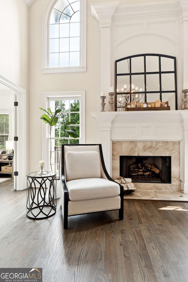 100 Pine Mist Cir, Alpharetta, GA 30022 - sitting room with wood finished floors, healthy amount of natural light, a high ceiling, and a high end fireplace