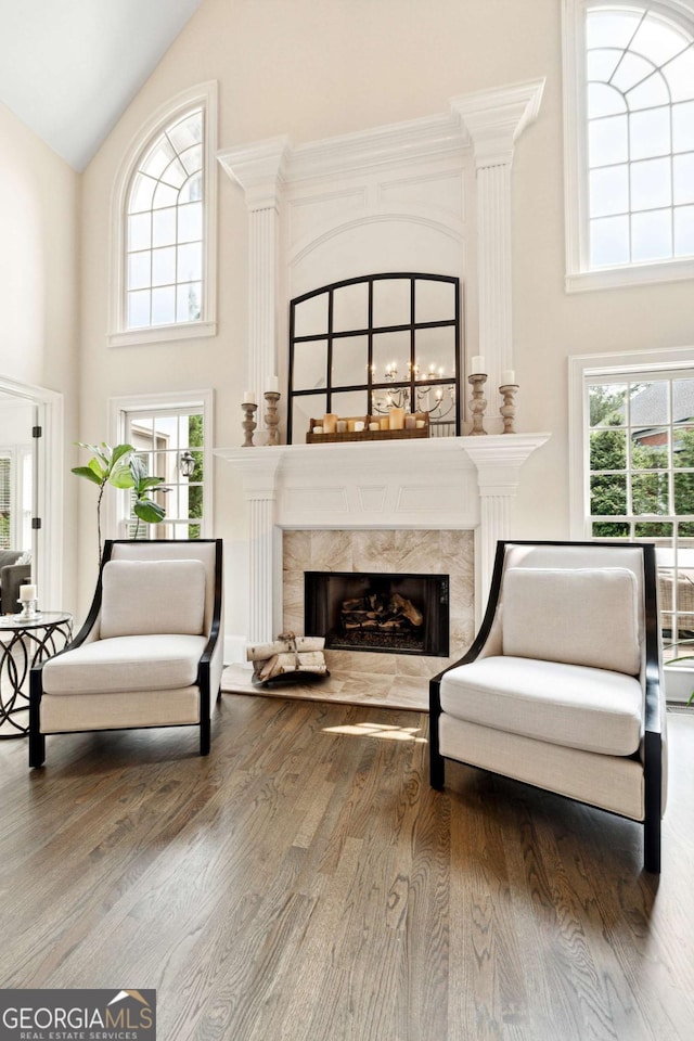 100 Pine Mist Cir, Johns Creek, GA 30022 - living room with high vaulted ceiling, wood finished floors, and a high end fireplace