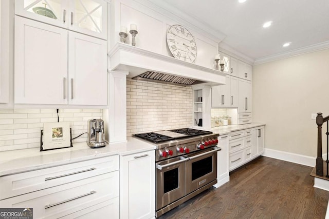 100 Pine Mist Cir, Alpharetta, GA 30022 - kitchen featuring range with two ovens, ornamental molding, baseboards, recessed lighting, and white cabinetry