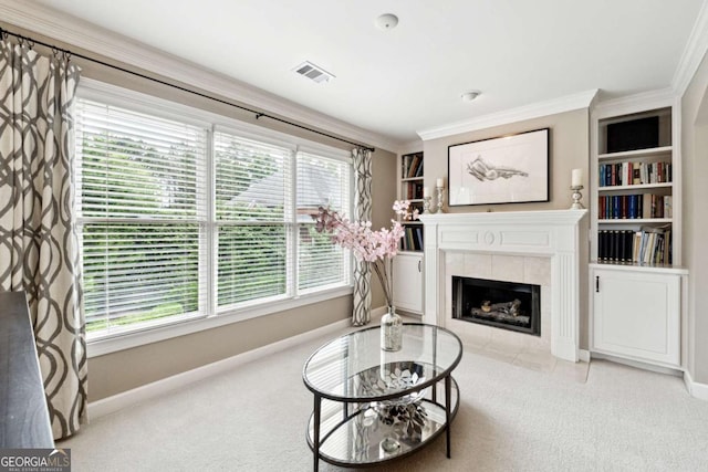 100 Pine Mist Cir, Alpharetta, GA 30022 - carpeted living room featuring baseboards, ornamental molding, and a fireplace