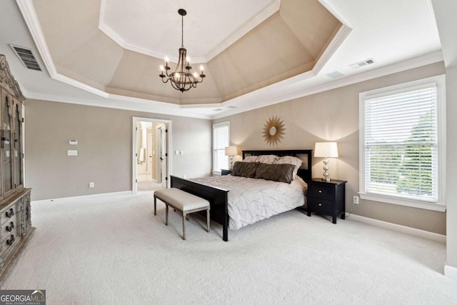 100 Pine Mist Cir, Alpharetta, GA 30022 - bedroom with a tray ceiling, light colored carpet, a chandelier, ornamental molding, and baseboards