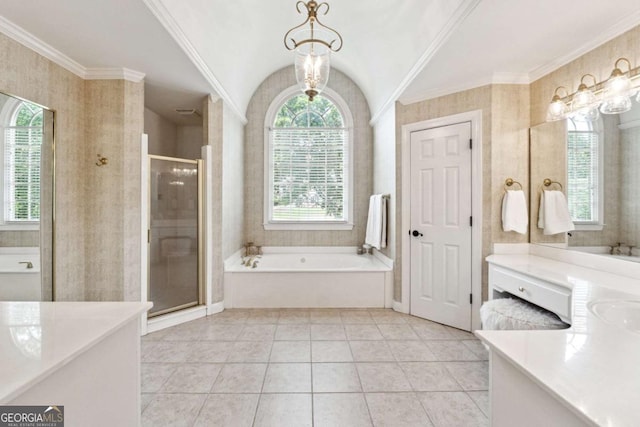 100 Pine Mist Cir, Alpharetta, GA 30022 - full bath featuring vanity, a garden tub, a stall shower, tile patterned flooring, and ornamental molding