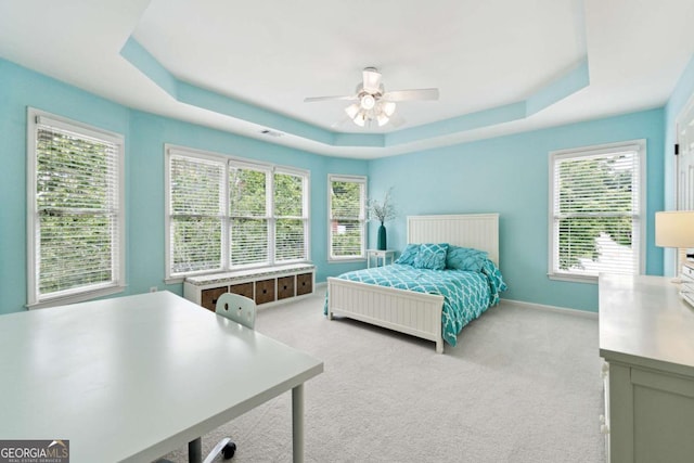 100 Pine Mist Cir, Alpharetta, GA 30022 - bedroom with a tray ceiling, light colored carpet, a ceiling fan, and baseboards