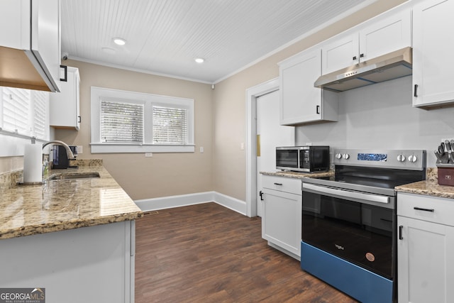 109 Stockbridge Rd, Jonesboro, GA 30236 - kitchen with under cabinet range hood, appliances with stainless steel finishes, a sink, dark wood-style floors, and white cabinetry