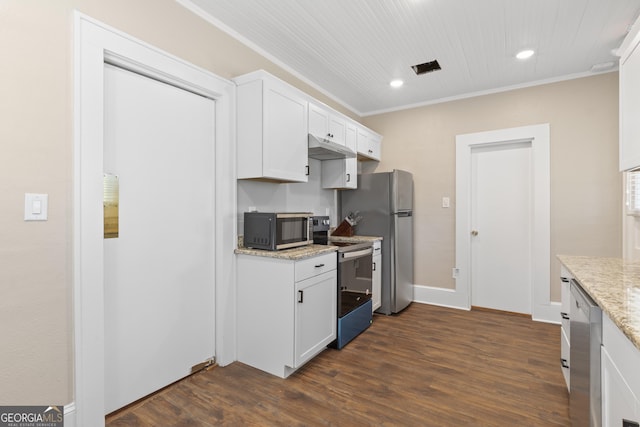 109 Stockbridge Rd, Jonesboro, GA 30236 - kitchen with appliances with stainless steel finishes, dark wood finished floors, white cabinetry, light stone counters, and under cabinet range hood