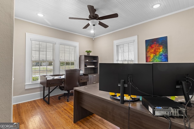109 Stockbridge Rd, Jonesboro, GA 30236 - office space featuring crown molding, a ceiling fan, wood finished floors, recessed lighting, and baseboards