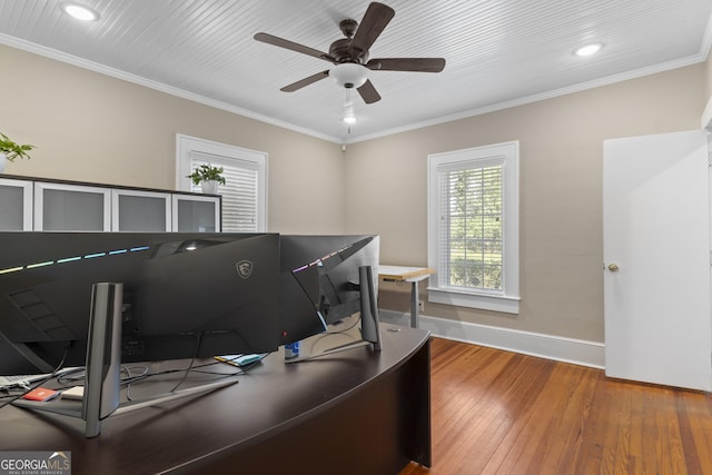 109 Stockbridge Rd, Jonesboro, GA 30236 - office with wood-type flooring, recessed lighting, a ceiling fan, baseboards, and crown molding