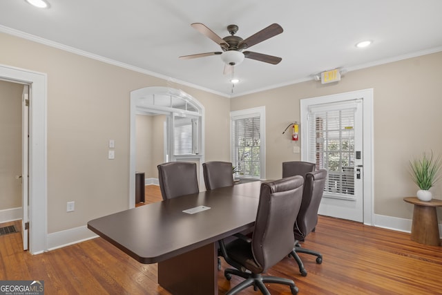 109 Stockbridge Rd, Jonesboro, GA 30236 - office area with a ceiling fan, ornamental molding, baseboards, dark wood-style flooring, and recessed lighting